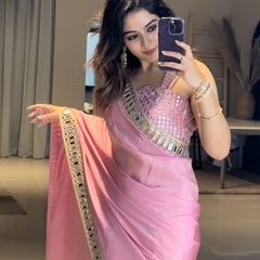 Rose Pink Designer Mirror Work Pure Tissue Silk Saree | Special Edition