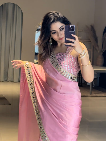 Rose Pink Designer Mirror Work Pure Tissue Silk Saree | Special Edition