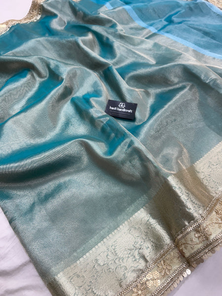 Janhvi Kapoor Inspired Aqua Blue Soft Tissue Silk Saree with Handmade Cutwork Laces