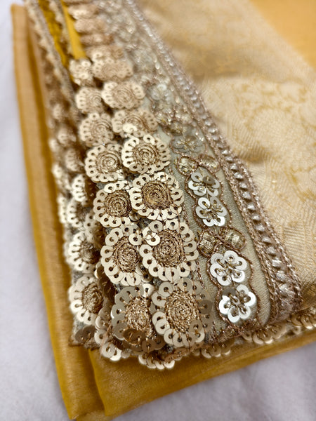 Janhvi Kapoor Inspired Gold Zari Soft Tissue Silk Saree with Handmade Cutwork Laces