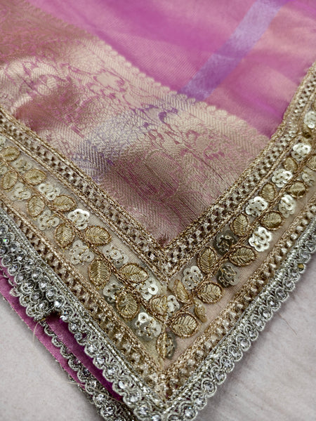 Janhvi Kapoor Inspired Baby Pink Soft Tissue Silk Saree with Handmade Cutwork Laces