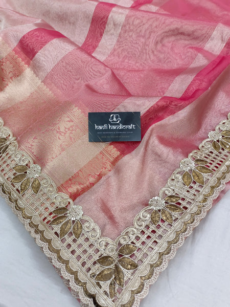 Shanaya Kapoor Inspired Strawberry Pink Soft Tissue Silk Saree with Zardozi Handwork Borders