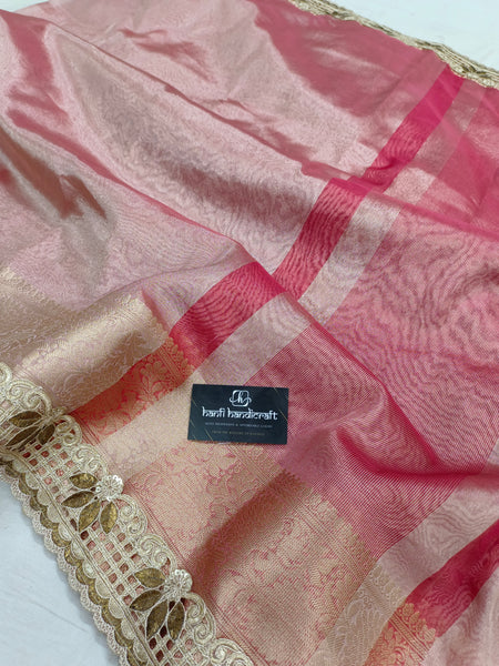 Shanaya Kapoor Inspired Strawberry Pink Soft Tissue Silk Saree with Zardozi Handwork Borders