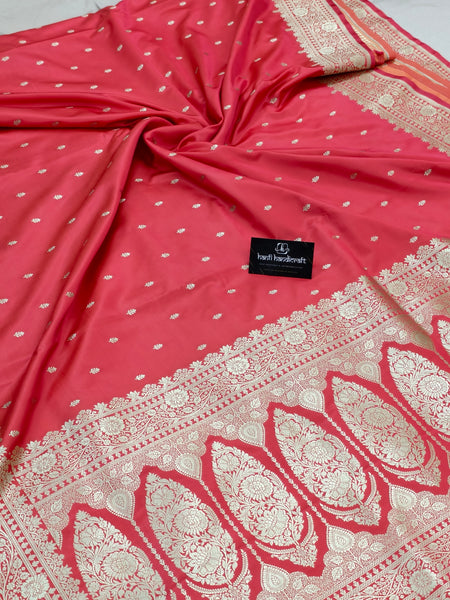 Strawberry Pink Aesthetic Banarasi Mashru silk soft saree| Chunri Buti Saree