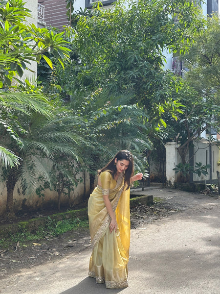 Yellow Gold Banarasi Rajkumari Mirror Work Tissue Silk Saree