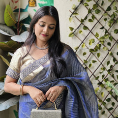 Celebrity-Inspired Royal Blue Stripe Tissue Silk Saree with Stone Zardozi Work