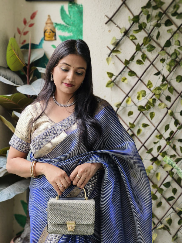 Celebrity-Inspired Royal Blue Stripe Tissue Silk Saree with Stone Zardozi Work