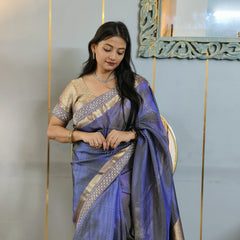 Celebrity-Inspired Royal Blue Stripe Tissue Silk Saree with Stone Zardozi Work