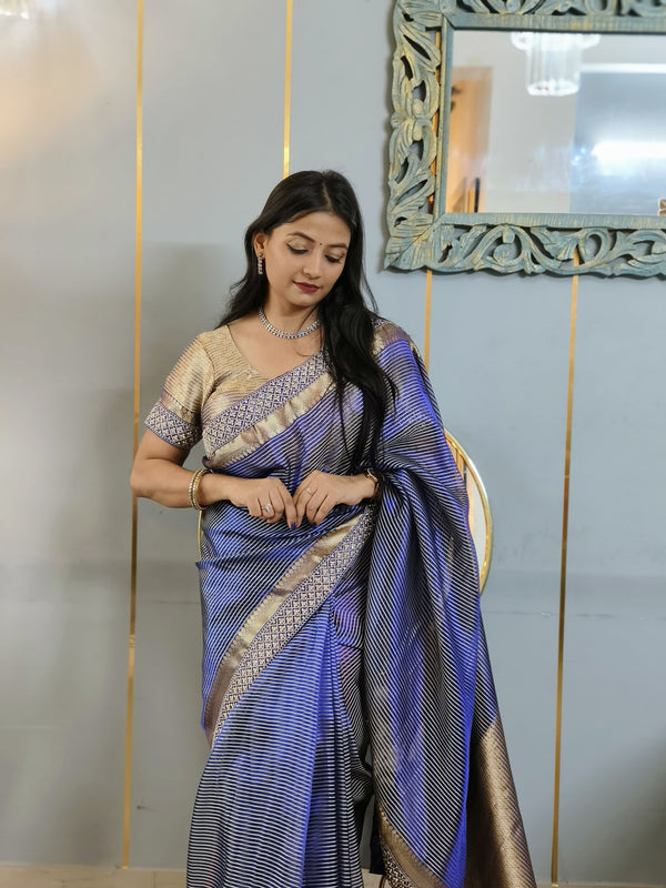 Celebrity-Inspired Royal Blue Stripe Tissue Silk Saree with Stone Zardozi Work