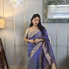 Celebrity-Inspired Royal Blue Stripe Tissue Silk Saree with Stone Zardozi Work