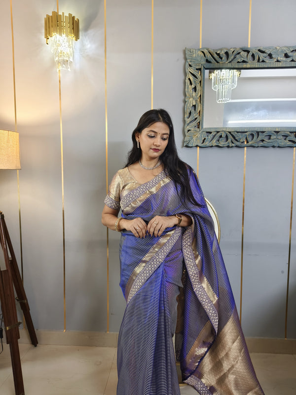 Celebrity-Inspired Royal Blue Stripe Tissue Silk Saree with Stone Zardozi Work