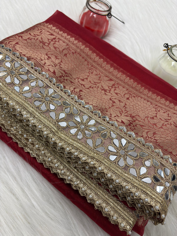 Bold Red Banarasi Rajkumari Mirror Work Tissue Silk Saree