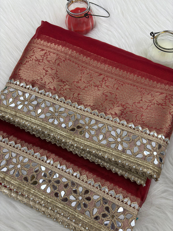 Bold Red Banarasi Rajkumari Mirror Work Tissue Silk Saree