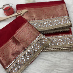 Bold Red Banarasi Rajkumari Mirror Work Tissue Silk Saree