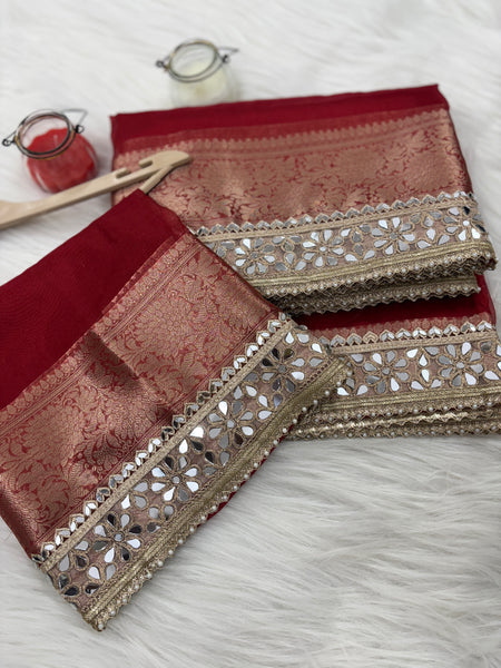 Bold Red Banarasi Rajkumari Mirror Work Tissue Silk Saree