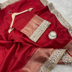 Bold Red Banarasi Rajkumari Mirror Work Tissue Silk Saree