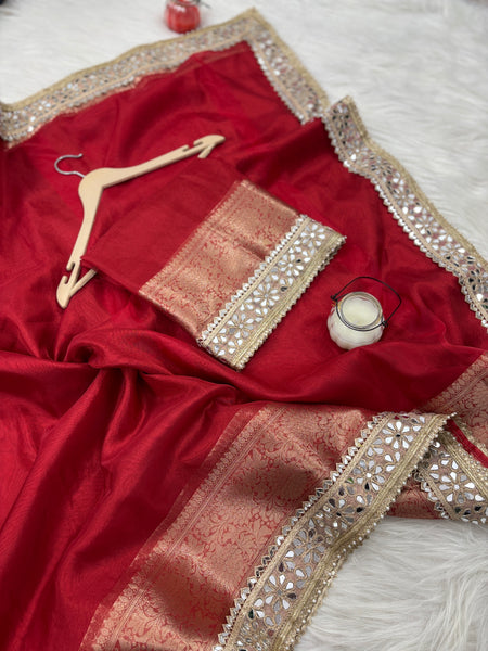 Bold Red Banarasi Rajkumari Mirror Work Tissue Silk Saree