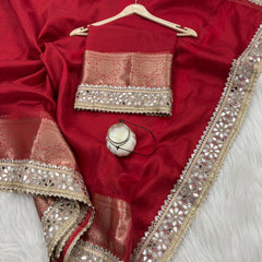 Bold Red Banarasi Rajkumari Mirror Work Tissue Silk Saree