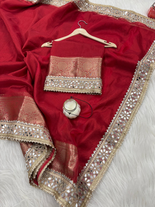 Bold Red Banarasi Rajkumari Mirror Work Tissue Silk Saree