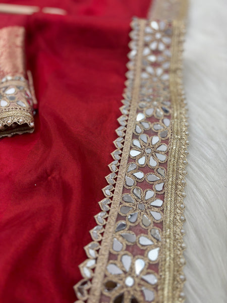 Bold Red Banarasi Rajkumari Mirror Work Tissue Silk Saree