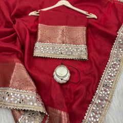Bold Red Banarasi Rajkumari Mirror Work Tissue Silk Saree