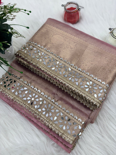 Baby Pink Banarasi Rajkumari Mirror Work Tissue Silk Saree