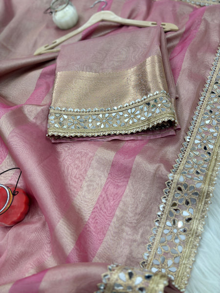 Baby Pink Banarasi Rajkumari Mirror Work Tissue Silk Saree