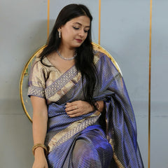 Celebrity-Inspired Royal Blue Stripe Tissue Silk Saree with Stone Zardozi Work