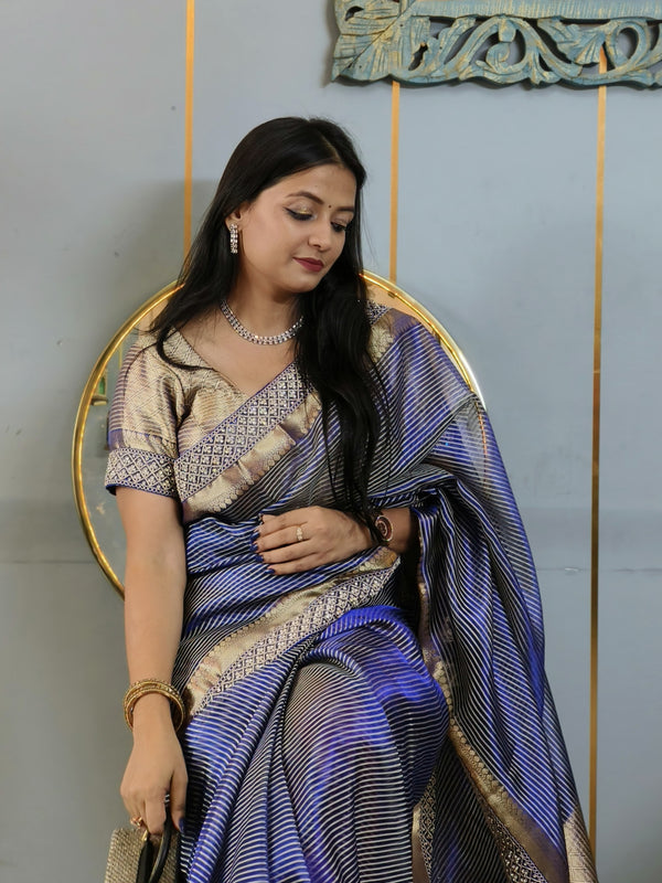 Celebrity-Inspired Royal Blue Stripe Tissue Silk Saree with Stone Zardozi Work