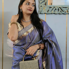 Celebrity-Inspired Royal Blue Stripe Tissue Silk Saree with Stone Zardozi Work