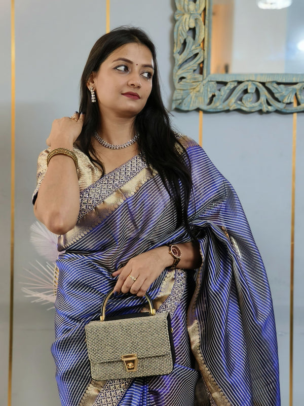 Celebrity-Inspired Royal Blue Stripe Tissue Silk Saree with Stone Zardozi Work