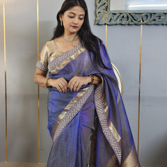 Celebrity-Inspired Royal Blue Stripe Tissue Silk Saree with Stone Zardozi Work