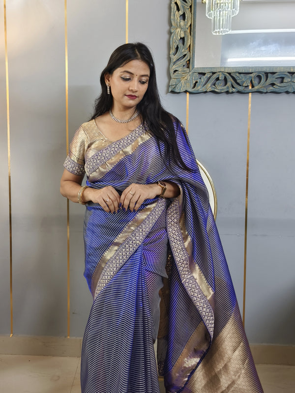 Celebrity-Inspired Royal Blue Stripe Tissue Silk Saree with Stone Zardozi Work