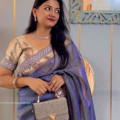 Celebrity-Inspired Royal Blue Stripe Tissue Silk Saree with Stone Zardozi Work