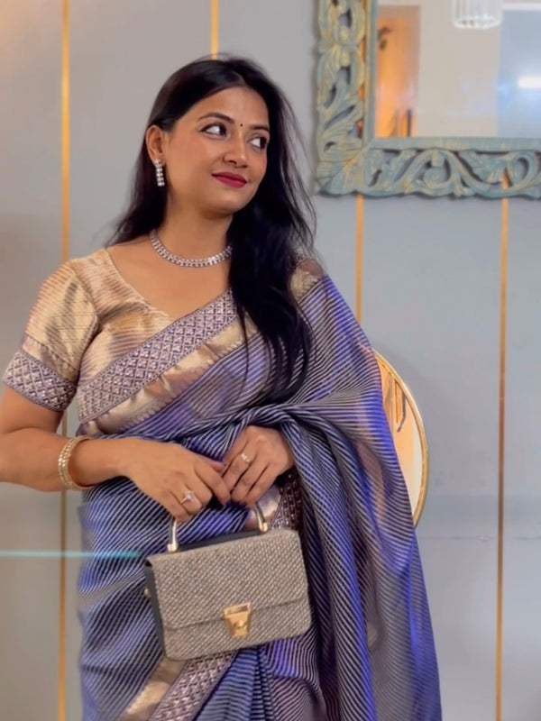 Celebrity-Inspired Royal Blue Stripe Tissue Silk Saree with Stone Zardozi Work