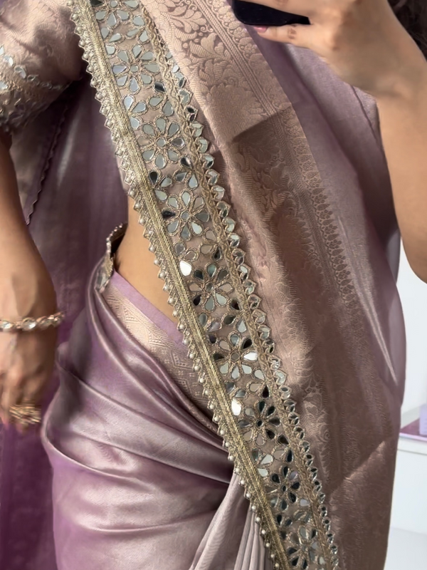 Lilac Purple Banarasi Rajkumari Mirror Work Tissue Silk Saree