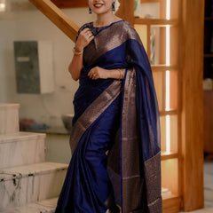 Navy Blue Classic Banarasi Woven Soft Saree with Antique Zari Borders