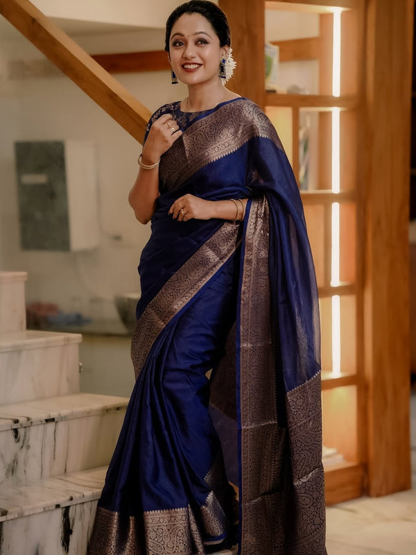 Navy Blue Classic Banarasi Woven Soft Saree with Antique Zari Borders