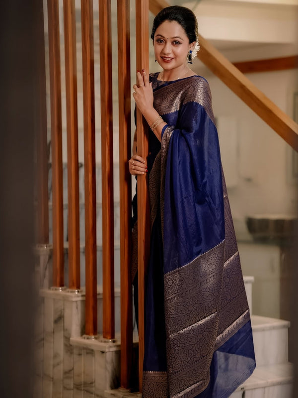 Navy Blue Classic Banarasi Woven Soft Saree with Antique Zari Borders
