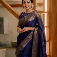 Navy Blue Classic Banarasi Woven Soft Saree with Antique Zari Borders