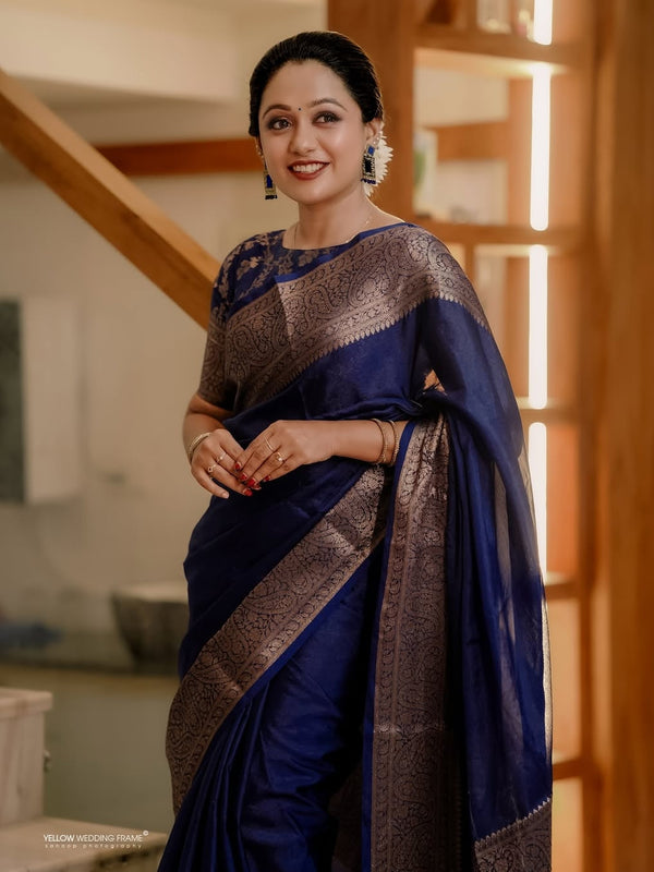 Navy Blue Classic Banarasi Woven Soft Saree with Antique Zari Borders