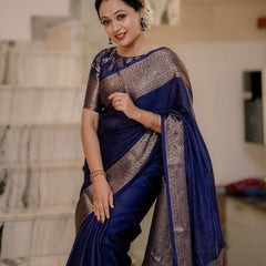 Navy Blue Classic Banarasi Woven Soft Saree with Antique Zari Borders