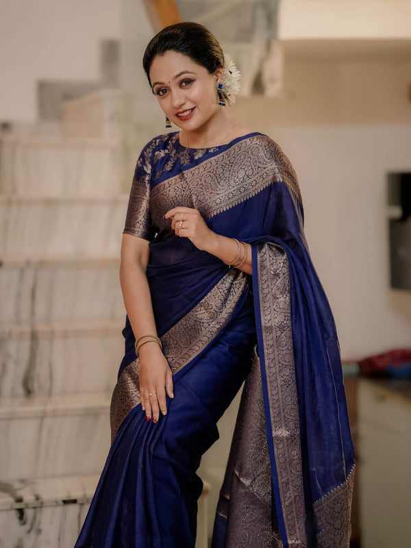 Navy Blue Classic Banarasi Woven Soft Saree with Antique Zari Borders