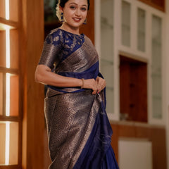 Navy Blue Classic Banarasi Woven Soft Saree with Antique Zari Borders