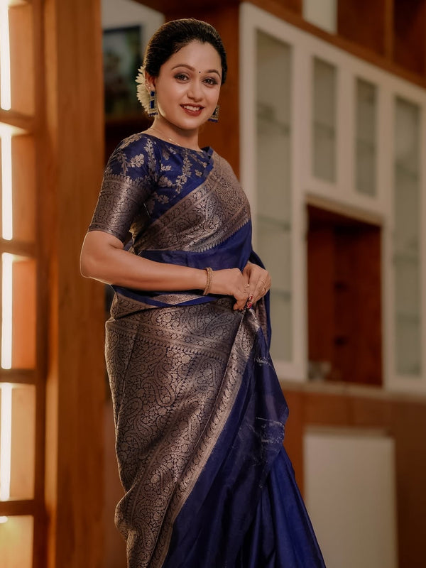 Navy Blue Classic Banarasi Woven Soft Saree with Antique Zari Borders
