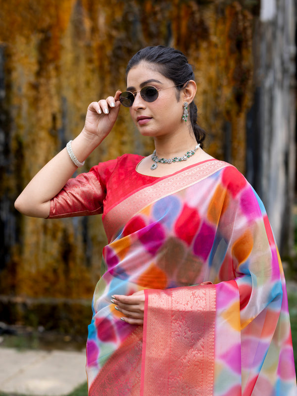 Vibrant Candy Organza Silk Saree with Banarasi Zari Border | Mesmerizing Blur prints