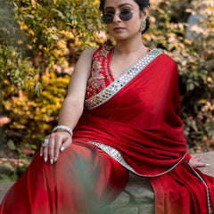 Bold Red Designer Mashru Satin Silk Mirror Work Saree with Blouse Free Size