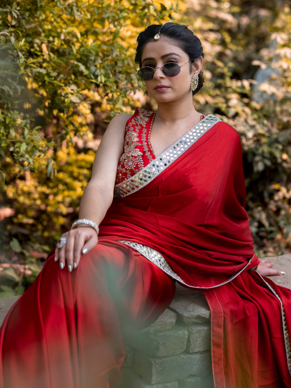 Bold Red Designer Mashru Satin Silk Mirror Work Saree with Blouse Free Size