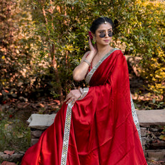 Bold Red Designer Mashru Satin Silk Mirror Work Saree with Blouse Free Size