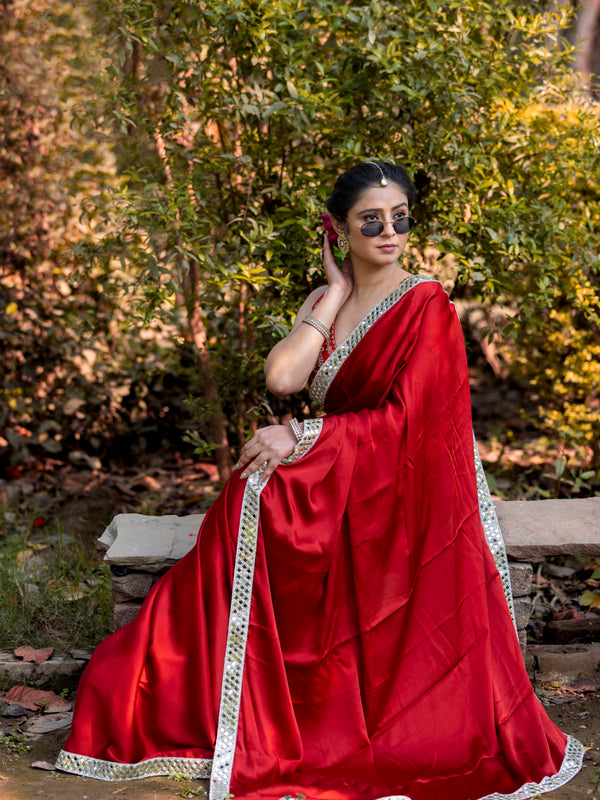Bold Red Designer Mashru Satin Silk Mirror Work Saree with Blouse Free Size